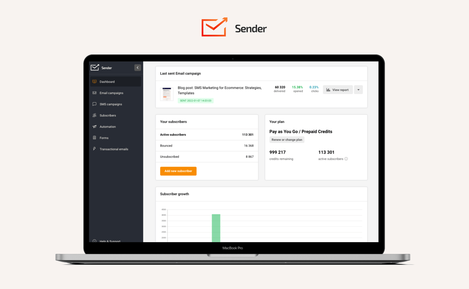 Tableau de bord de Sender, alternative à Mailchimp