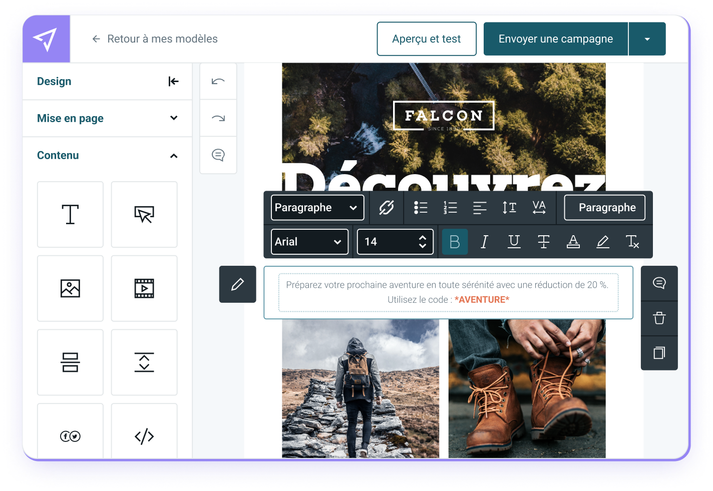 Éditeur d'emails Falcon de Mailjet, alternative à Mailchimp