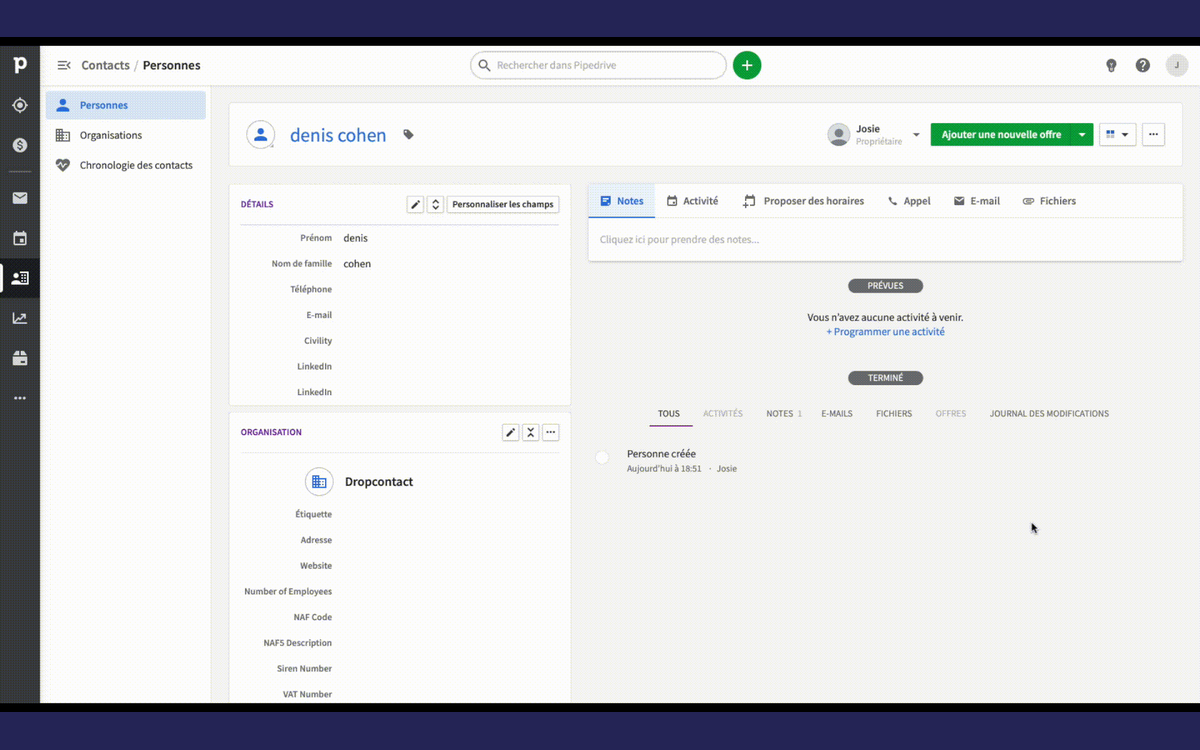 Interface de Dropcontact