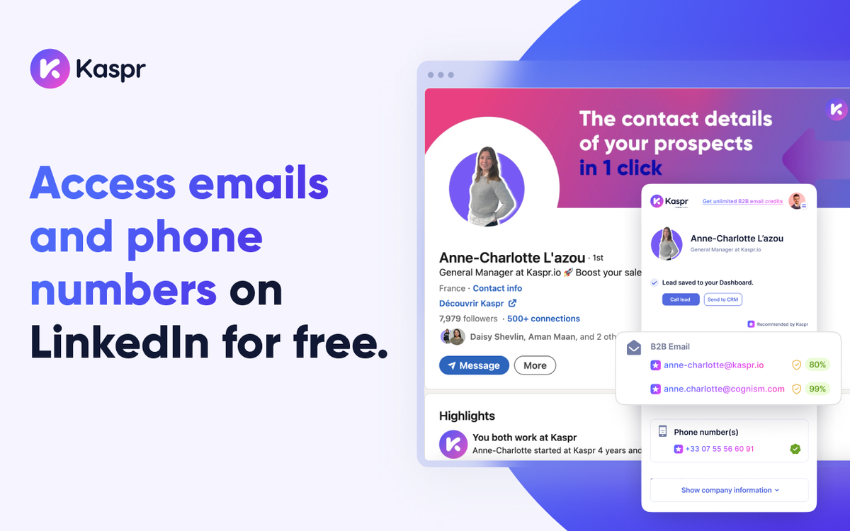 Kaspr affiche les emails et téléphones d'un prospect sur LinkedIn