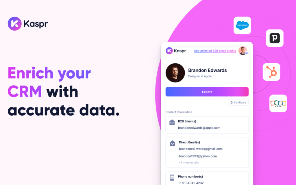 Enrichissement du CRM avec les données de contact de Kaspr