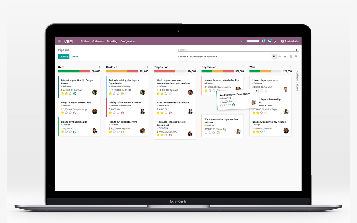 Pipeline du CRM Odoo avec les opportunités par étape