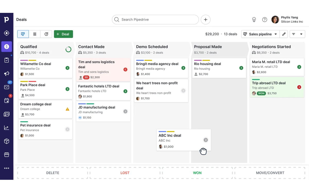 Interface du pipeline d'affaires de Pipedrive