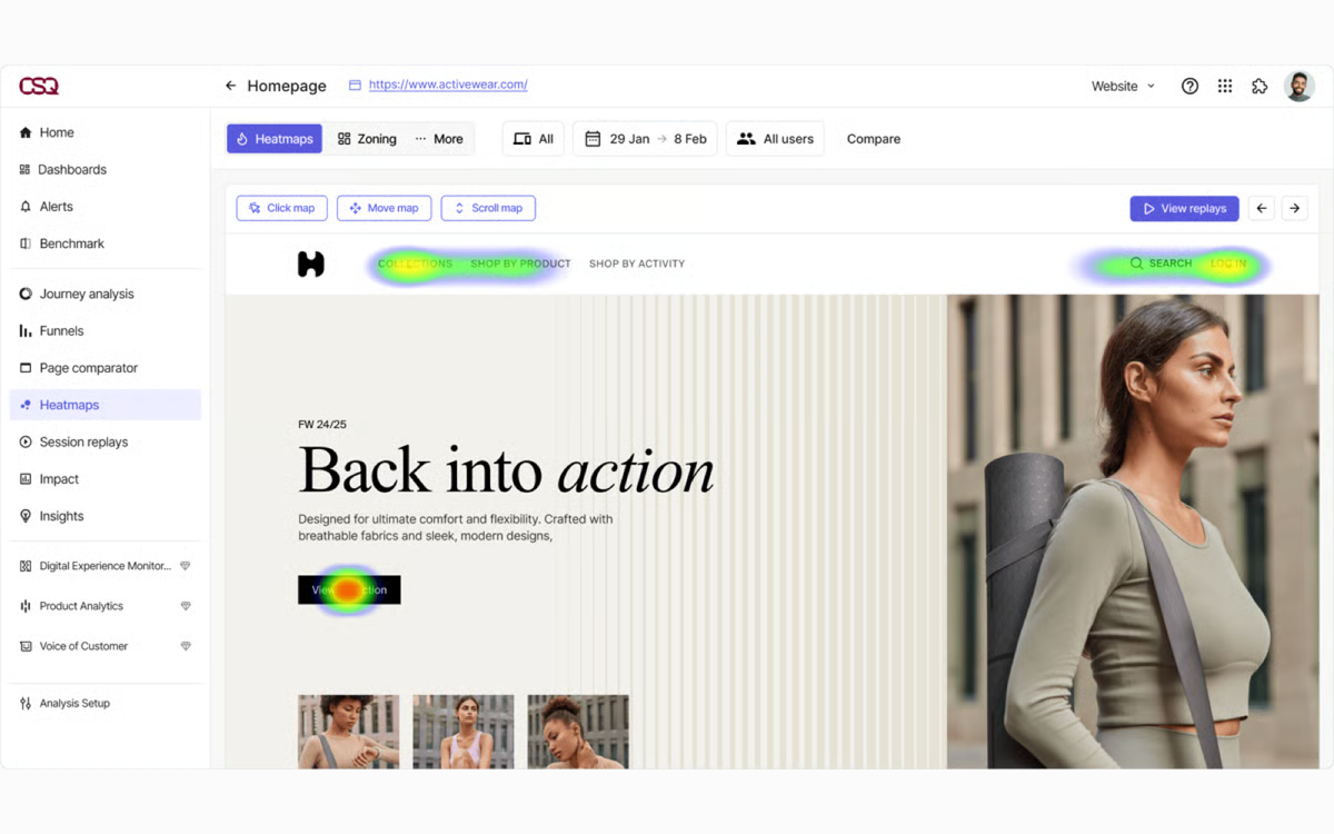 Carte de chaleur Contentsquare sur une page d'accueil e-commerce avec les zones de clic
