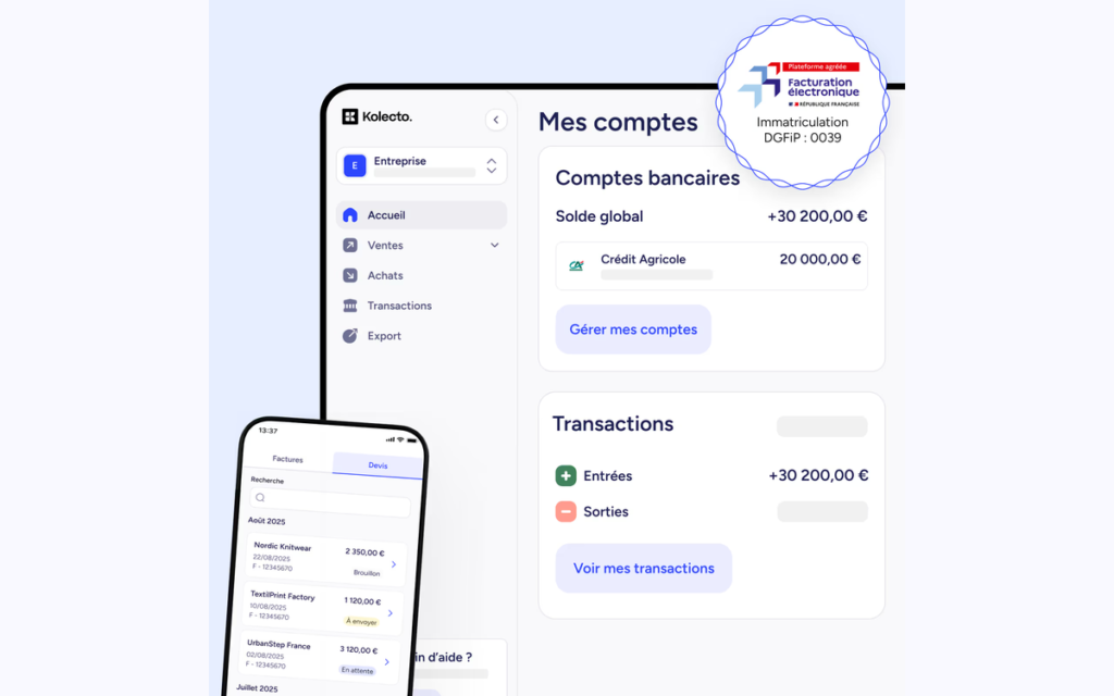 Tableau de bord Kolecto affichant les comptes bancaires et les transactions