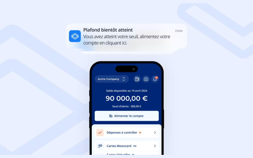 Ecran d'accueil Mooncard affichant le solde et les depenses a controler