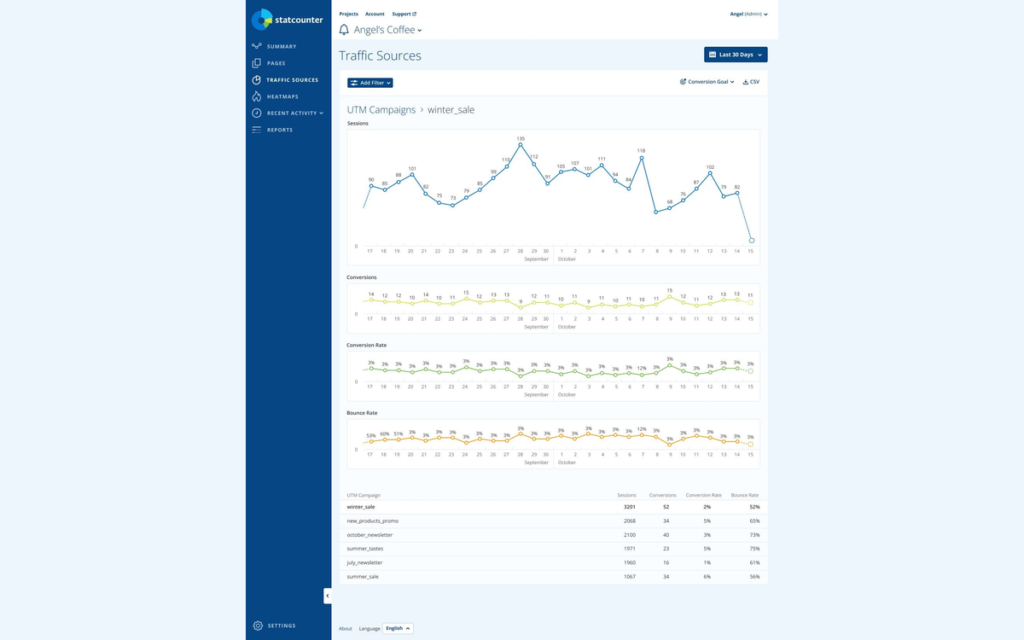 Rapport de sources de trafic StatCounter détaillant la campagne winter_sale et ses conversions