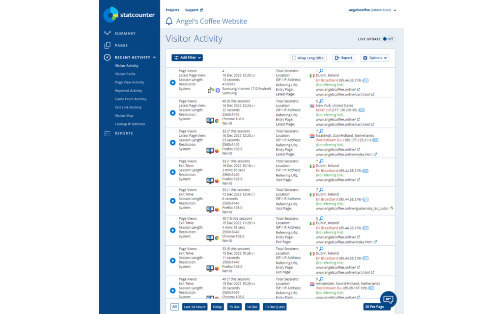 Journal d'activité des visiteurs dans StatCounter listant sessions, localisation et pages consultées