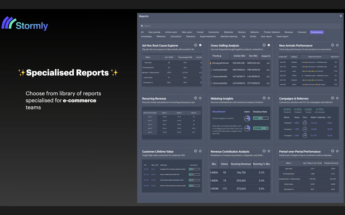 Rapports produit dans Stormly avec segmentation par cohorte