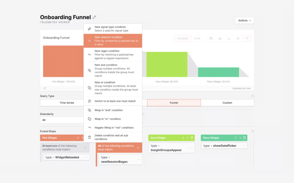 Éditeur d'entonnoir d'onboarding TelemetryDeck avec le menu de conditions ouvert pour filtrer les étapes