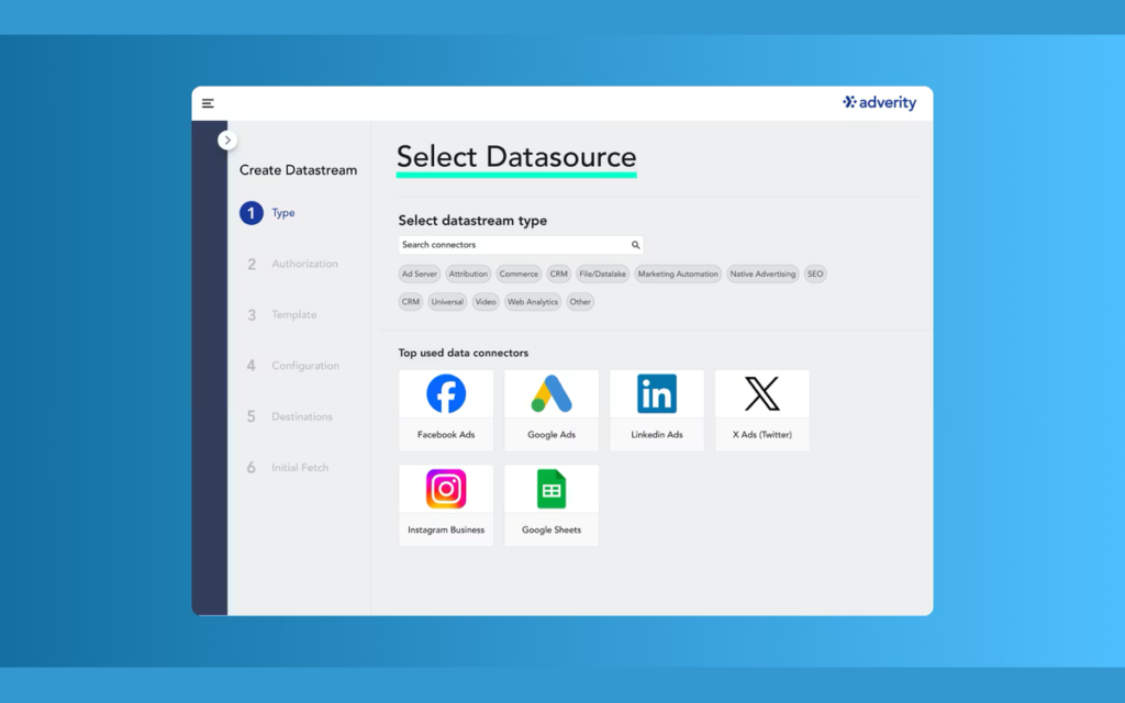 Sélection d'une source de données parmi les connecteurs Adverity