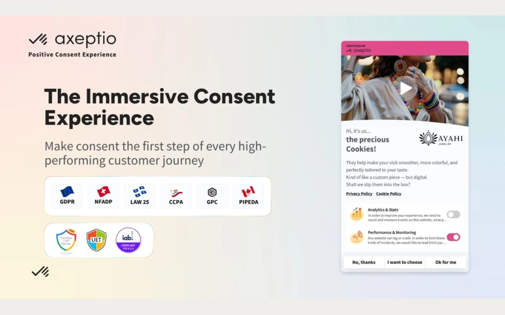 Expérience de consentement immersive Axeptio avec les cadres couverts