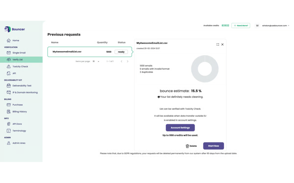 Analyse d'une liste importée dans Bouncer avant vérification