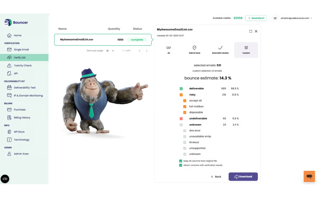 Résultats de vérification Bouncer avec estimation du taux de rebond