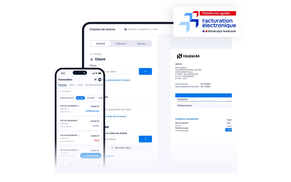 Écran de création de facture d'Abby sur ordinateur et sur mobile, avec le badge officiel de plateforme agréée