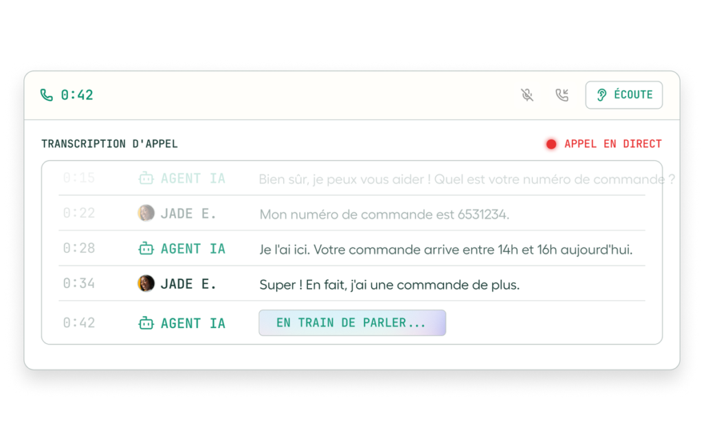 Transcription en direct d'un appel pris par un agent vocal IA d'Aircall, en français, avec le bouton d'écoute