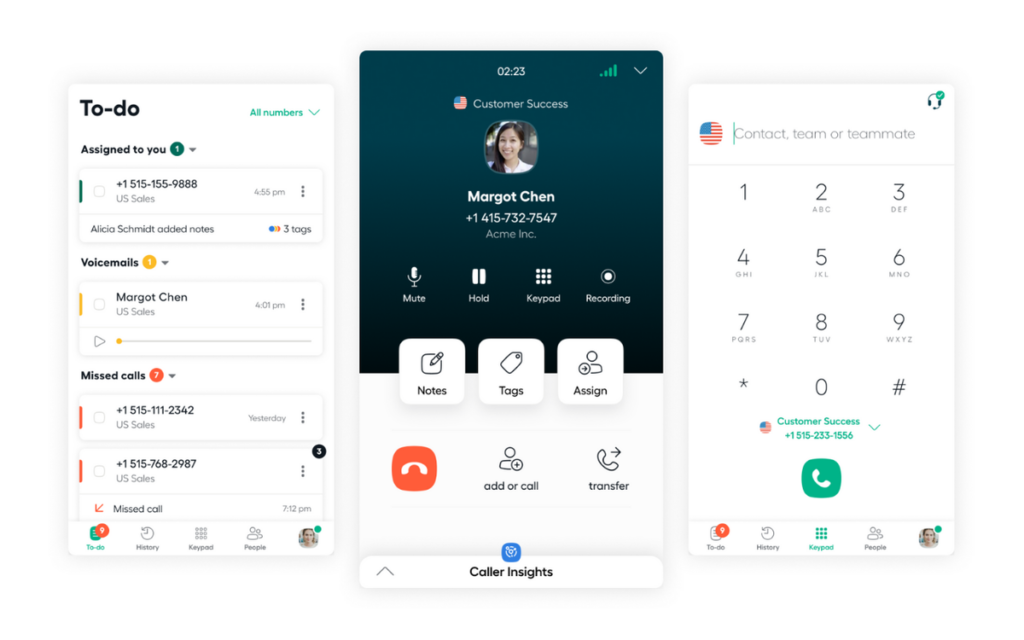 Application Aircall sur ordinateur montrant la liste des tâches, un appel en cours avec notes, tags et transfert, et le clavier de numérotation