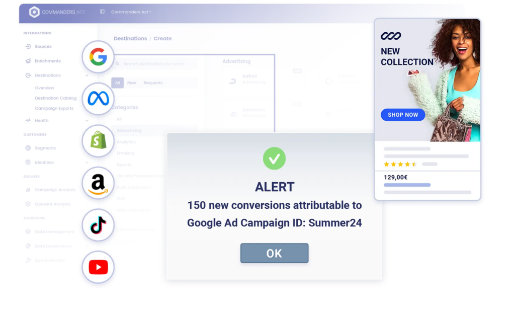 Configuration des destinations publicitaires dans Commanders Act, de Google à TikTok