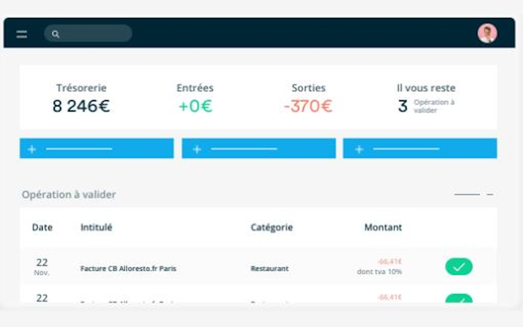 Tableau de bord Dougs affichant la trésorerie, les entrées et les opérations à valider