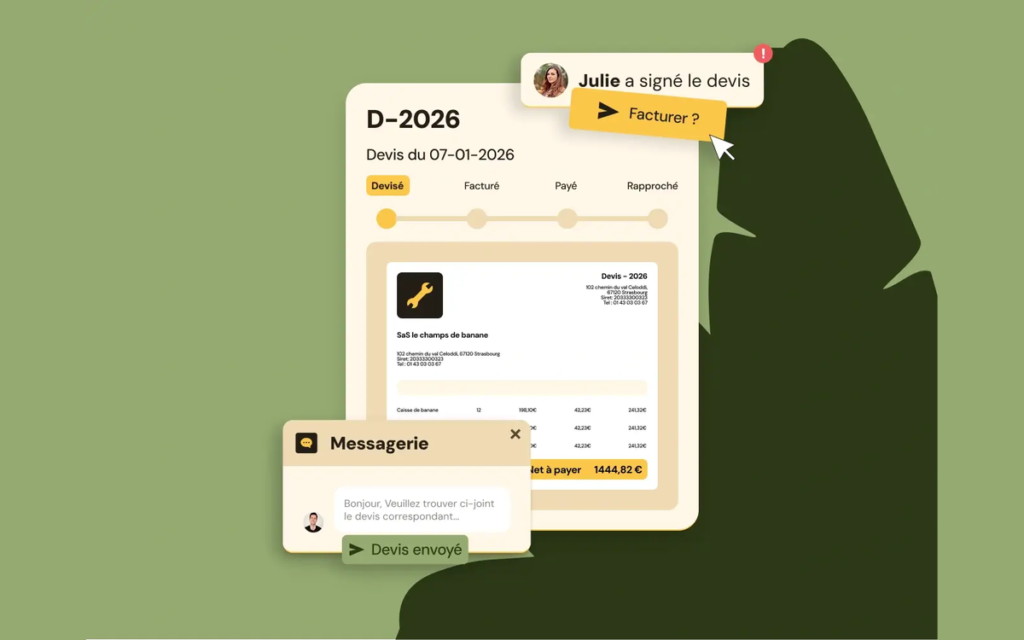 Visuel marketing de l'éditeur : un devis Evoliz de 2026 au statut « Devisé », avec la notification « Julie a signé le devis », le bouton « Facturer ? » et la messagerie d'envoi du devis.