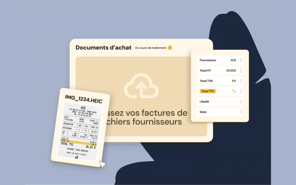Visuel marketing de l'éditeur : l'écran Documents d'achat d'Evoliz, où un ticket de caisse photographié de mars 2026 est lu automatiquement (fournisseur, total HT, TVA, total TTC).