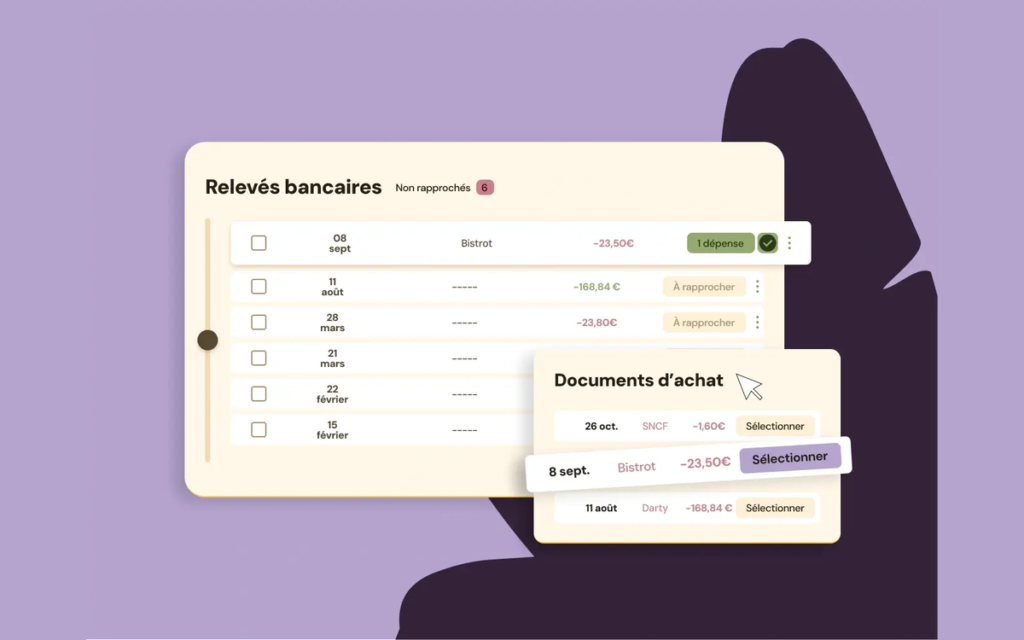 Visuel marketing de l'éditeur : les relevés bancaires d'Evoliz avec six lignes non rapprochées et le choix du document d'achat à associer à une dépense.