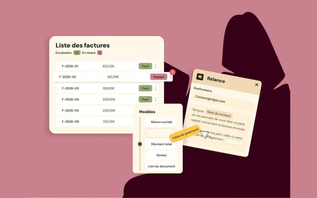 Visuel marketing de l'éditeur : la liste des factures Evoliz de 2026 avec les statuts payé et impayé, et un modèle de relance client aux champs dynamiques.