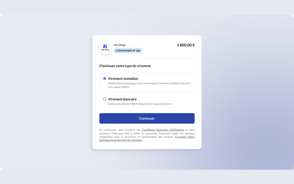 Écran de choix du virement dans Fintecture, entre validation immédiate et saisie manuelle de l'IBAN