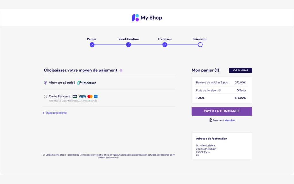 Tunnel de paiement d'une boutique en ligne proposant le virement sécurisé Fintecture