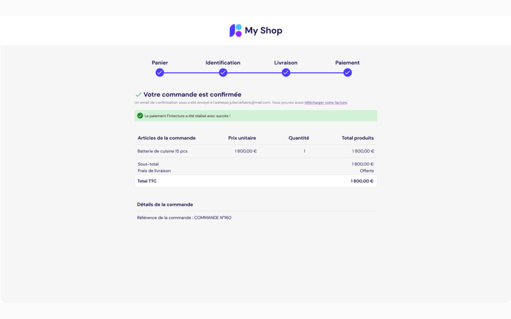 Confirmation de commande après un paiement Fintecture, avec le détail des articles et le total réglé