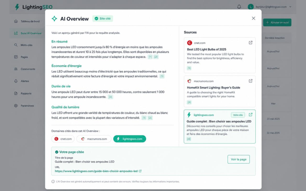 Panneau AI Overview de LightingSEO montrant les sources citées par la réponse générée et la page du site reprise