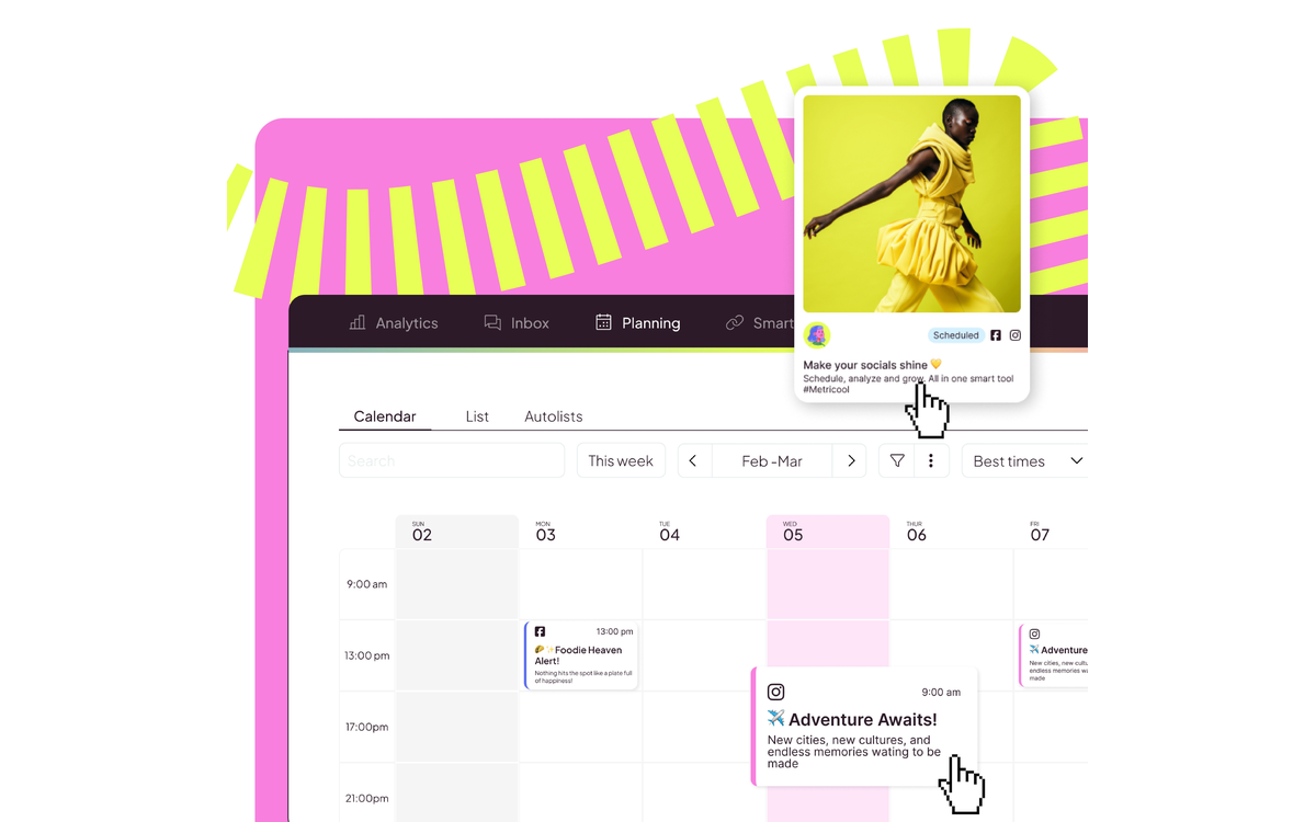 Calendrier de planification de Metricool avec des publications programmées