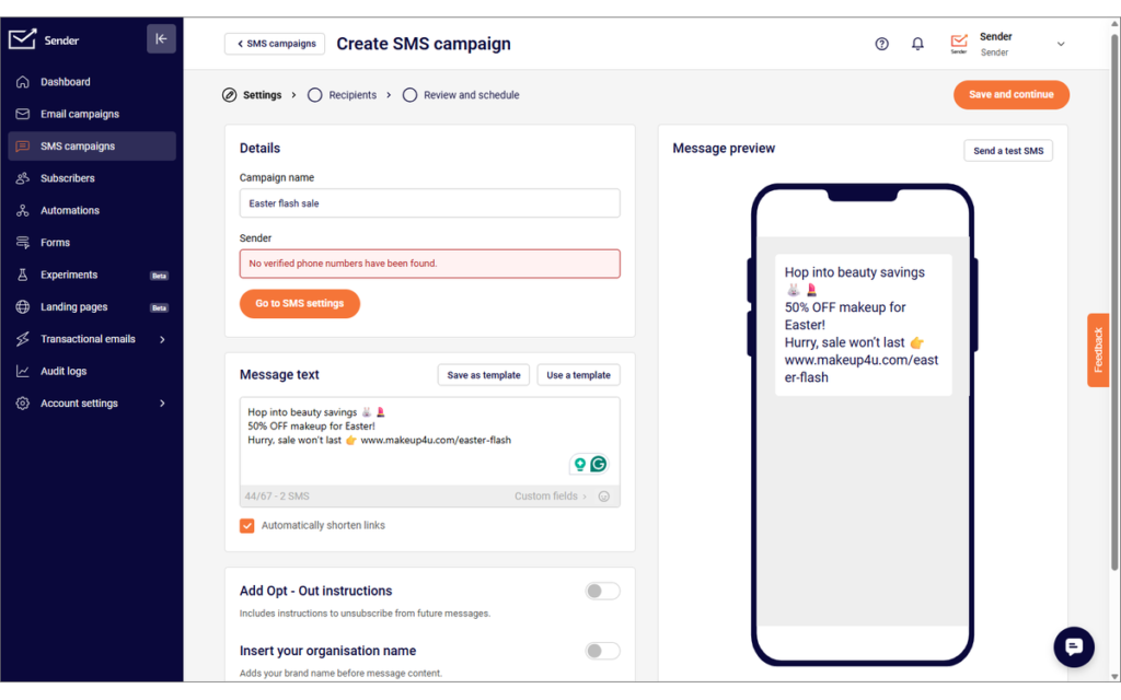 Capture de l'éditeur : la création d'une campagne SMS dans Sender, avec l'aperçu du message sur un téléphone