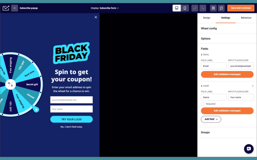 Capture de l'éditeur : la création d'une pop-up d'inscription avec roue de réduction dans Sender