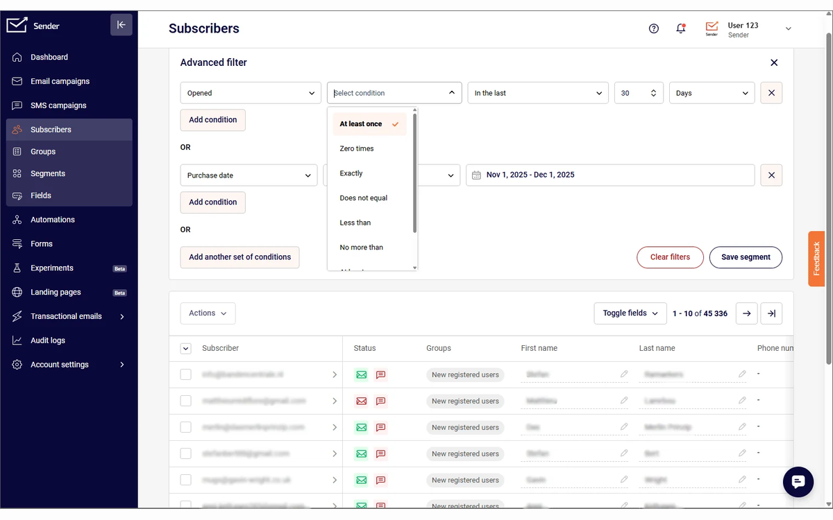 Segmentation des abonnés dans Sender, alternative gratuite à Mailchimp