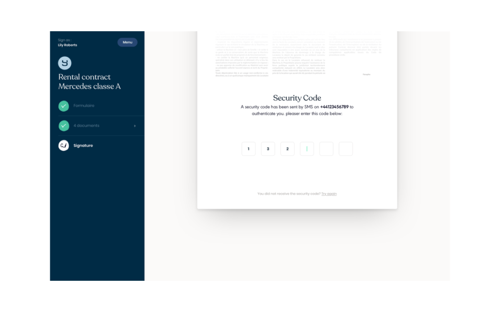 Authentification du signataire dans Youtrust par un code de sécurité reçu par SMS avant la signature
