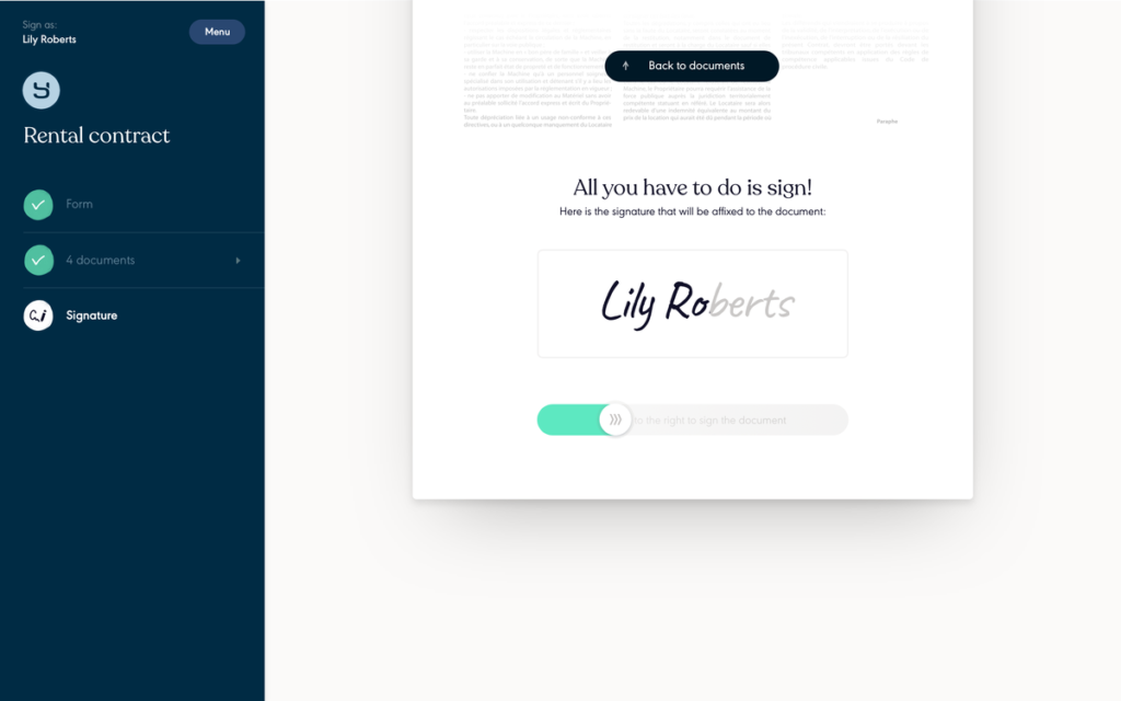 Écran de signature Youtrust, ex-Yousign, où le signataire valide sa signature d'un glissement pour signer un contrat de location