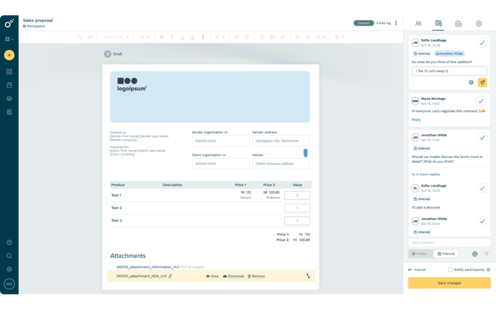 Éditeur de contrat Oneflow avec un devis, ses pièces jointes et les commentaires de l'équipe dans la colonne de droite