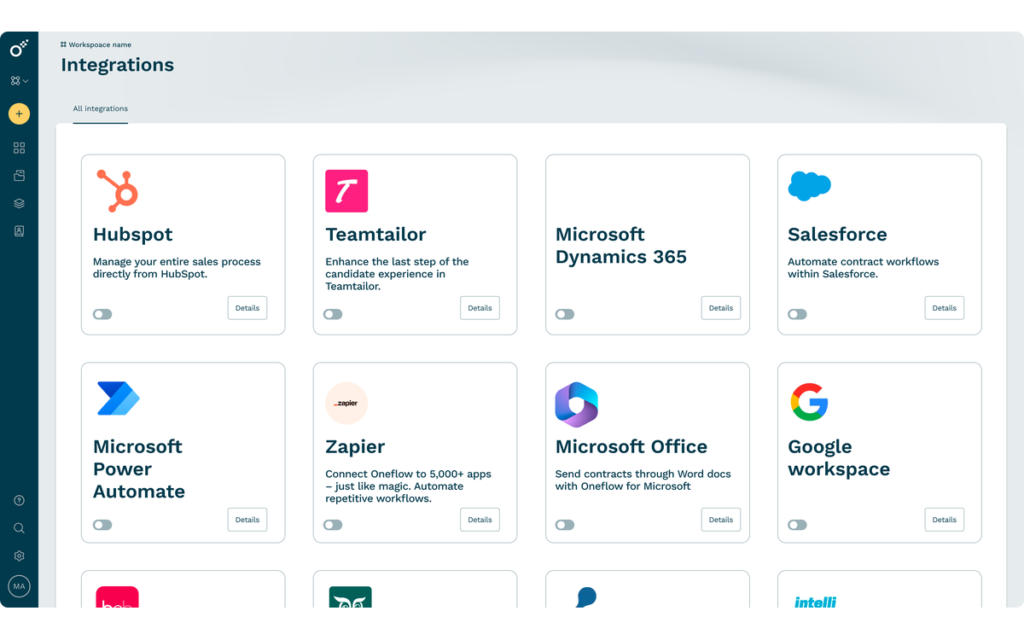 Page des intégrations Oneflow avec HubSpot, Salesforce, Zapier, Microsoft Office et Google Workspace