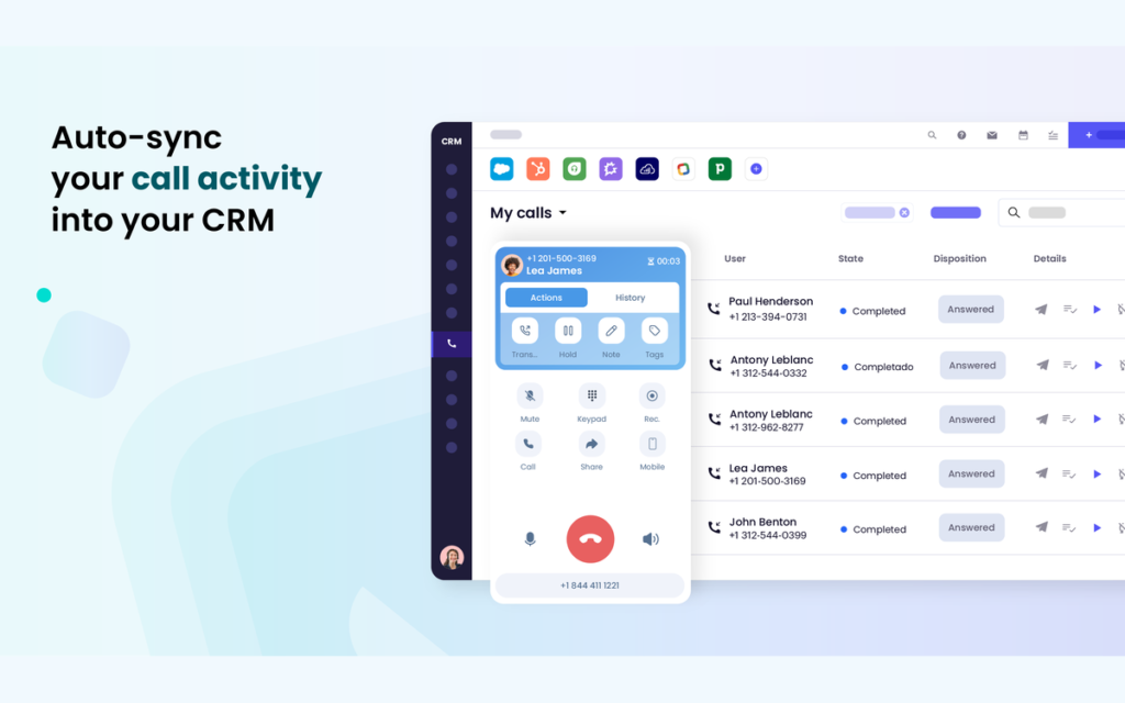 Liste des appels Ringover synchronisée avec un CRM, à côté du panneau d'appel en cours