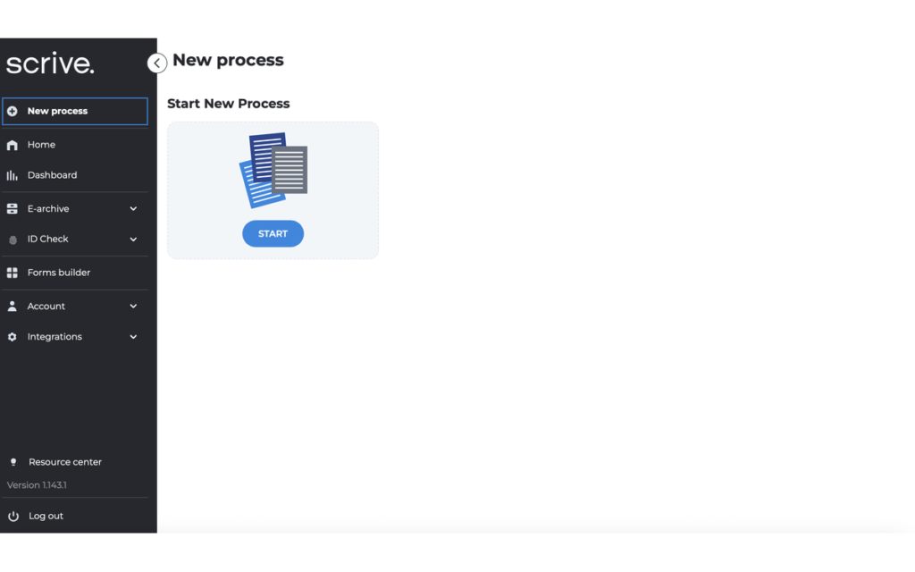 Page de démarrage d'un nouveau process Scrive avec le menu du produit à gauche